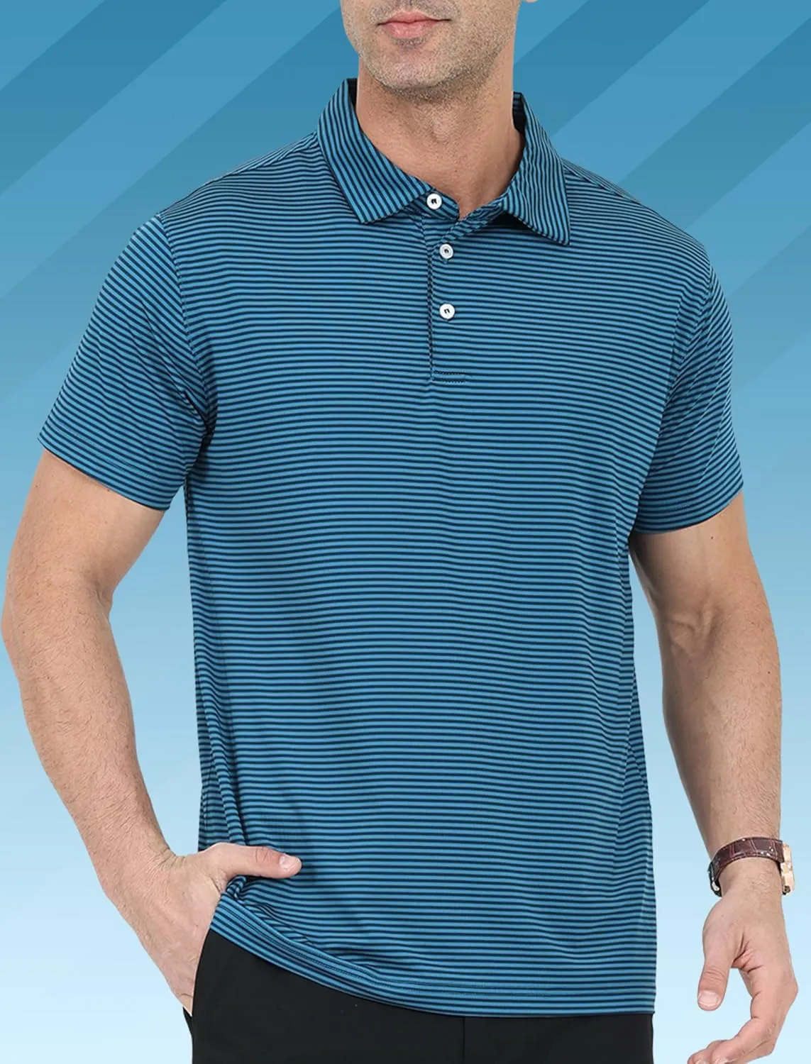 2 Pack Mens Golf Polo Shirts Striped Moisture Wicking Short Sleeve Performance Quick Dry Casual Tennis Golf