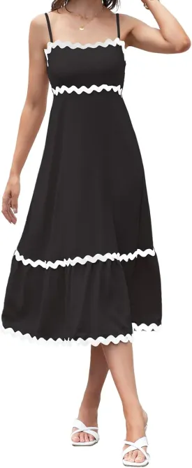 2025 Women's RIC Rac Dress Summer Spaghetti Straps Sleeveless Backless Sun Smocked Lace Swing a Line Midi Dress