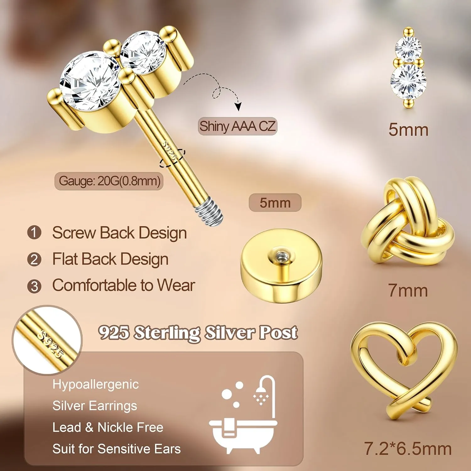 3 Pairs Gold Plated Flat Back Earrings for Women 925 Sterling Silver Post Tragus Cartilage Earring Set for Multiple Piercing Trendy Flatback Stud Earrings