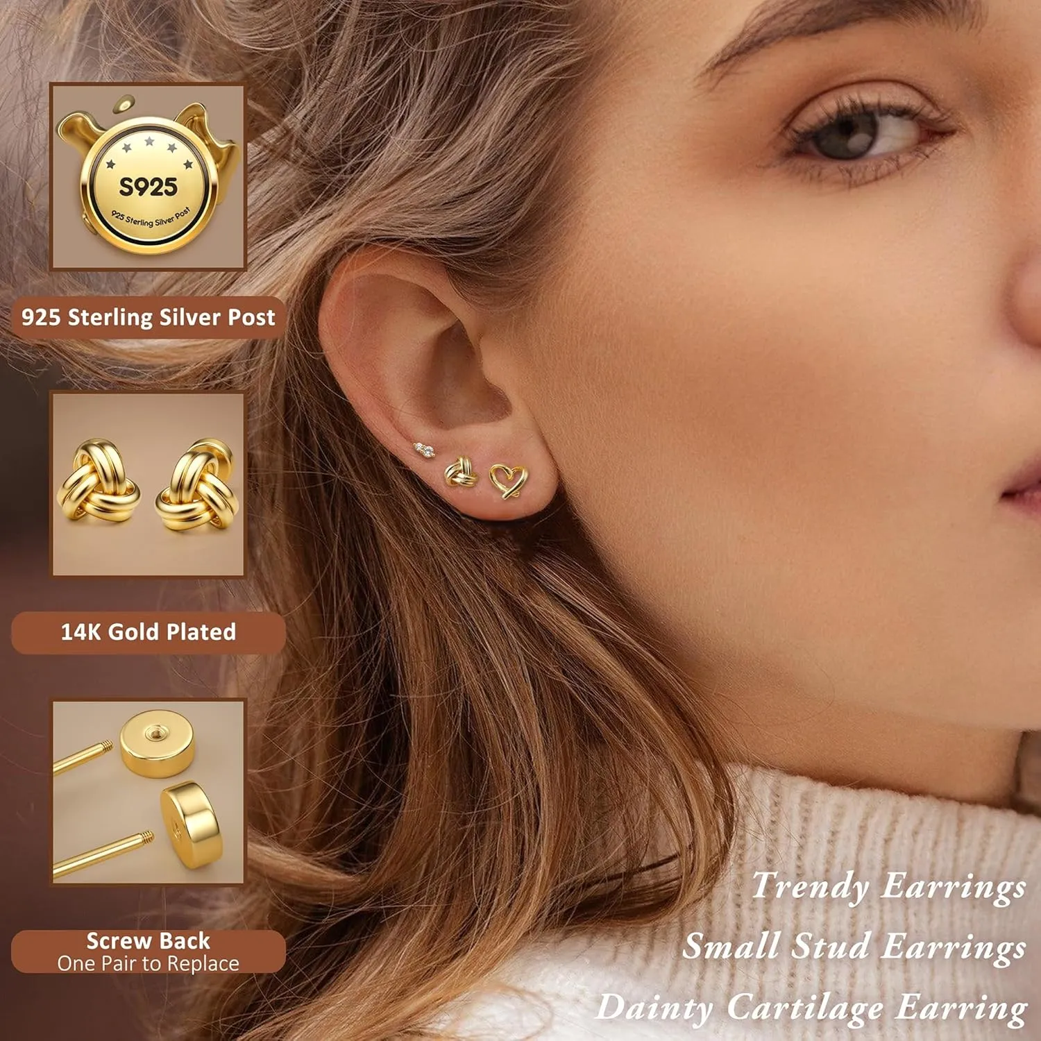 3 Pairs Gold Plated Flat Back Earrings for Women 925 Sterling Silver Post Tragus Cartilage Earring Set for Multiple Piercing Trendy Flatback Stud Earrings