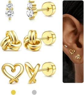 3 Pairs Gold Plated Flat Back Earrings for Women 925 Sterling Silver Post Tragus Cartilage Earring Set for Multiple Piercing Trendy Flatback Stud Earrings