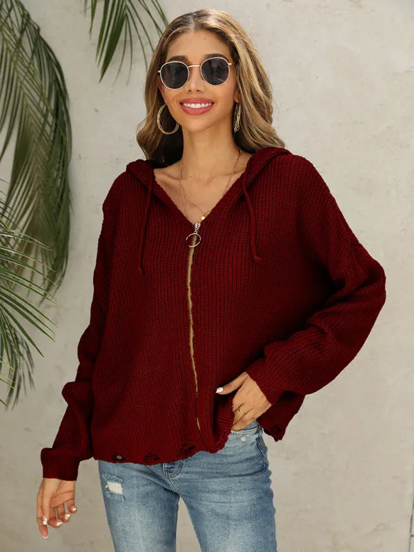 Alyson New Hooded Hole Cardigan Knitted Jacket Sweater