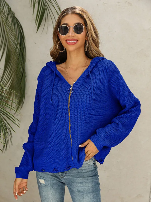 Alyson New Hooded Hole Cardigan Knitted Jacket Sweater
