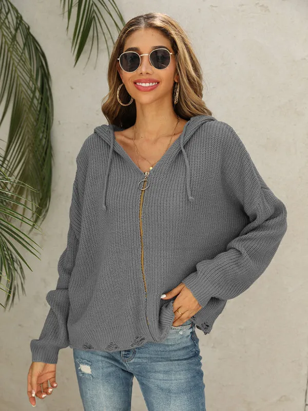 Alyson New Hooded Hole Cardigan Knitted Jacket Sweater