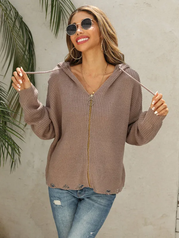 Alyson New Hooded Hole Cardigan Knitted Jacket Sweater