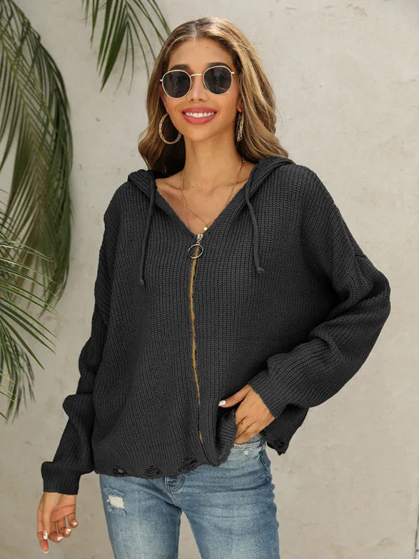 Alyson New Hooded Hole Cardigan Knitted Jacket Sweater