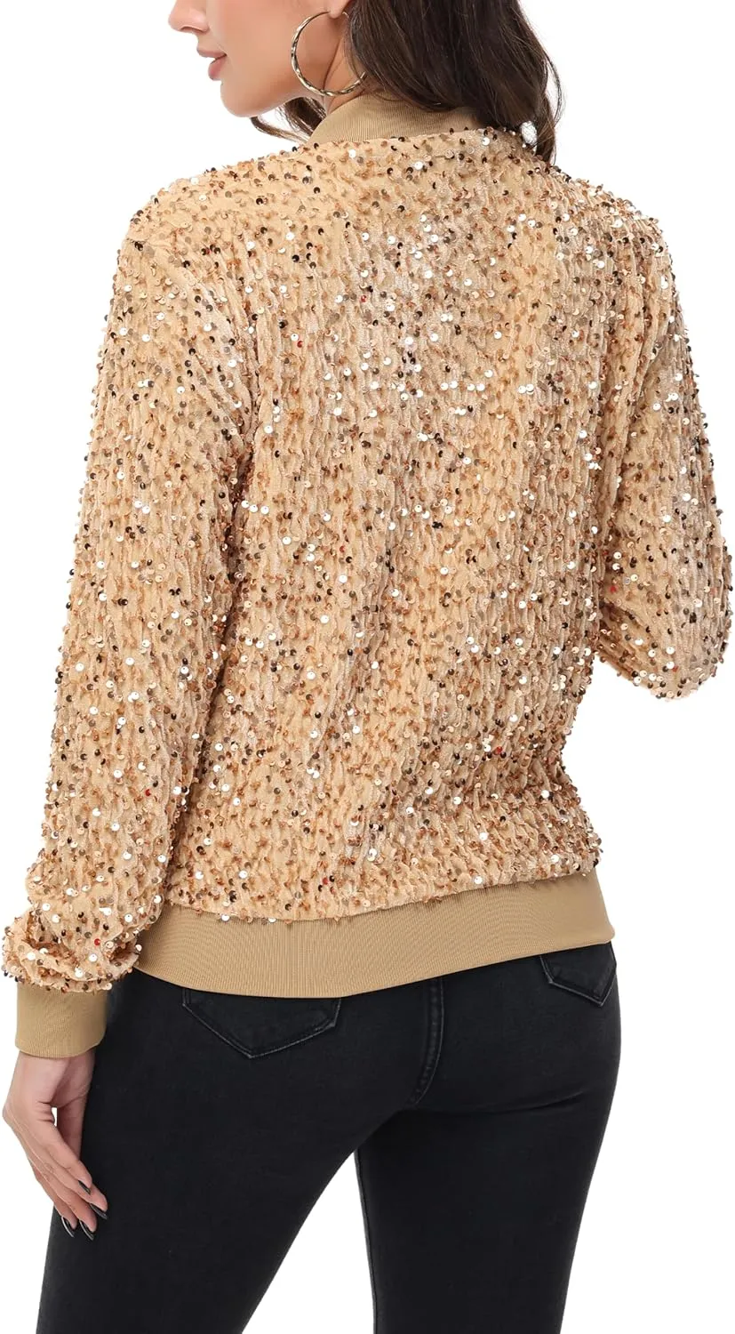 Anna-Kaci Women's Sparkly Sequin Jacket Zipper Long Sleeve Glitter Sequin Bomber Jacket with Pockets