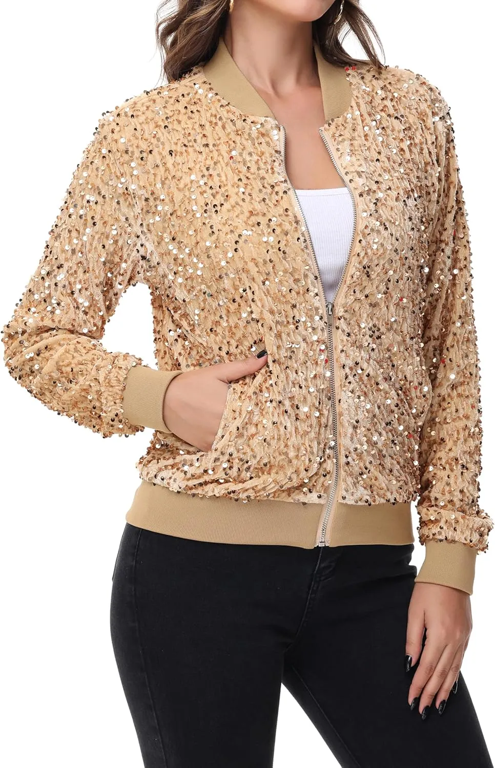 Anna-Kaci Women's Sparkly Sequin Jacket Zipper Long Sleeve Glitter Sequin Bomber Jacket with Pockets