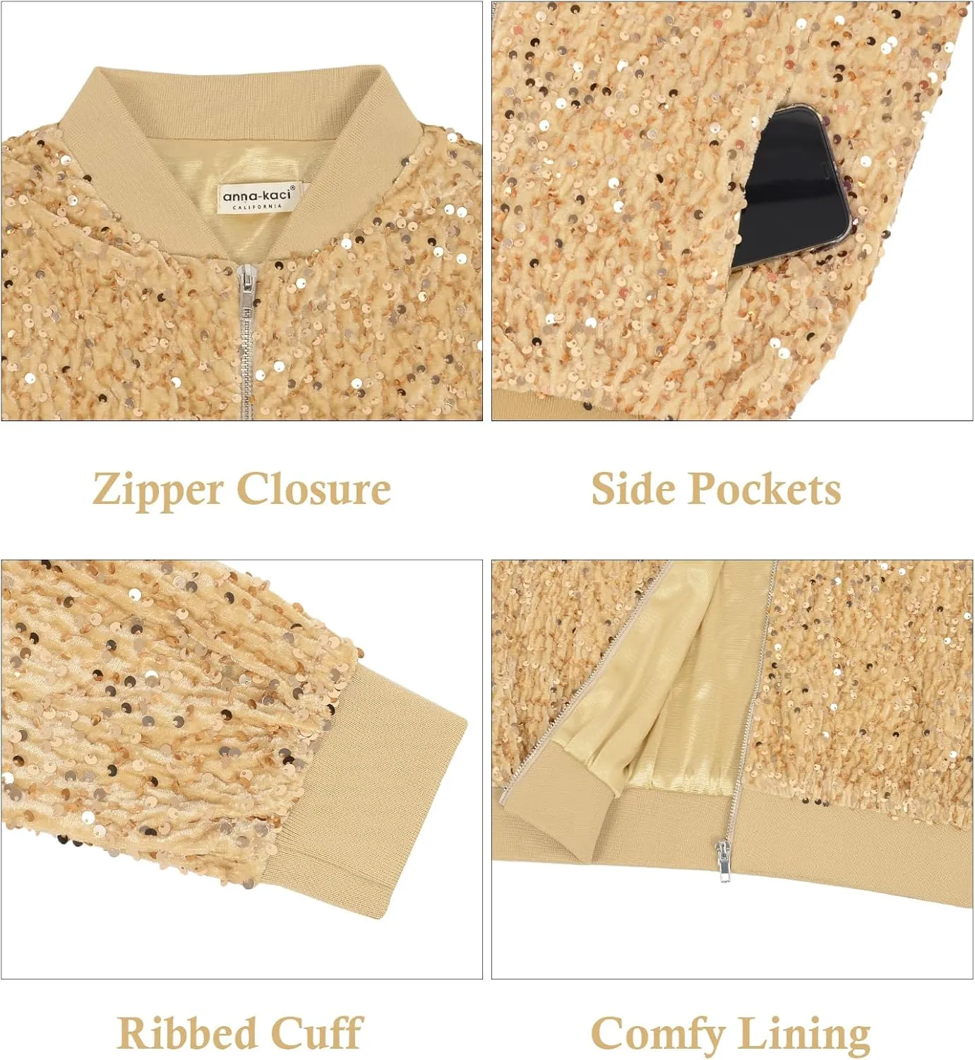 Anna-Kaci Women's Sparkly Sequin Jacket Zipper Long Sleeve Glitter Sequin Bomber Jacket with Pockets