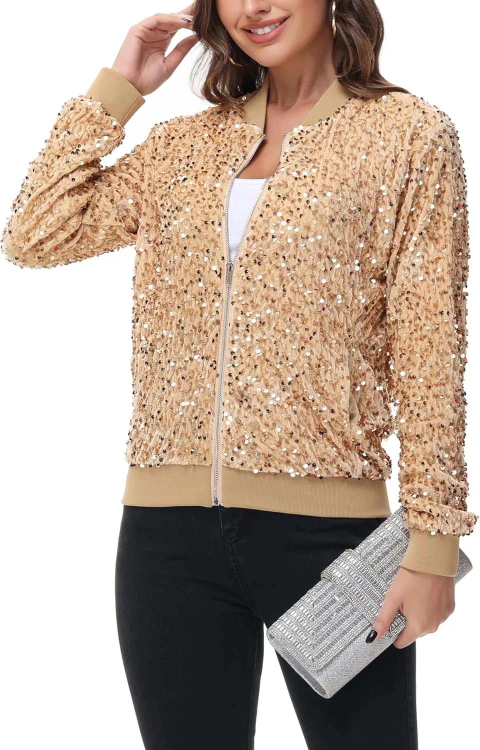 Anna-Kaci Women's Sparkly Sequin Jacket Zipper Long Sleeve Glitter Sequin Bomber Jacket with Pockets