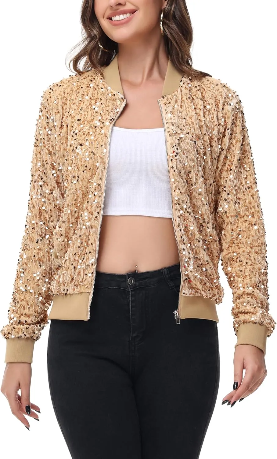 Anna-Kaci Women's Sparkly Sequin Jacket Zipper Long Sleeve Glitter Sequin Bomber Jacket with Pockets