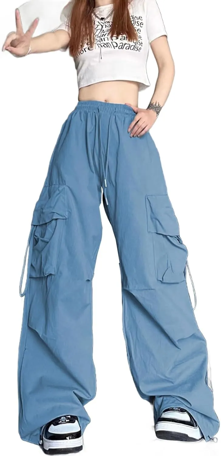 Baggy Parachute Pants for Womens Wide Leg Cargo Pants Y2k with Pockets Boyfriend Harajuku Streetwear Goth