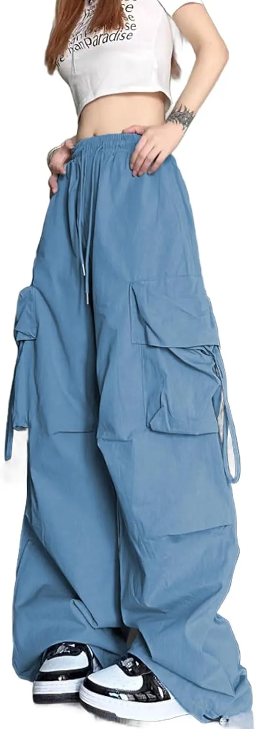 Baggy Parachute Pants for Womens Wide Leg Cargo Pants Y2k with Pockets Boyfriend Harajuku Streetwear Goth