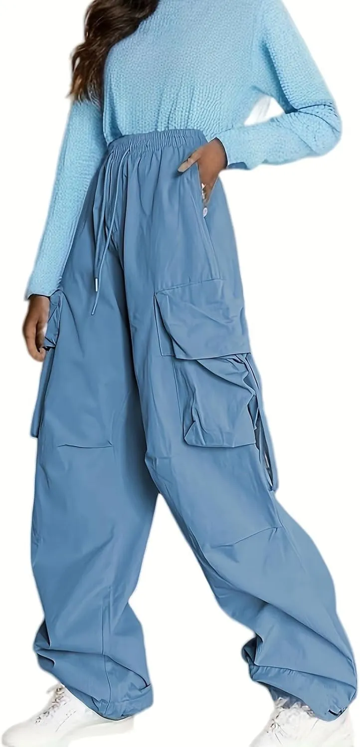 Baggy Parachute Pants for Womens Wide Leg Cargo Pants Y2k with Pockets Boyfriend Harajuku Streetwear Goth