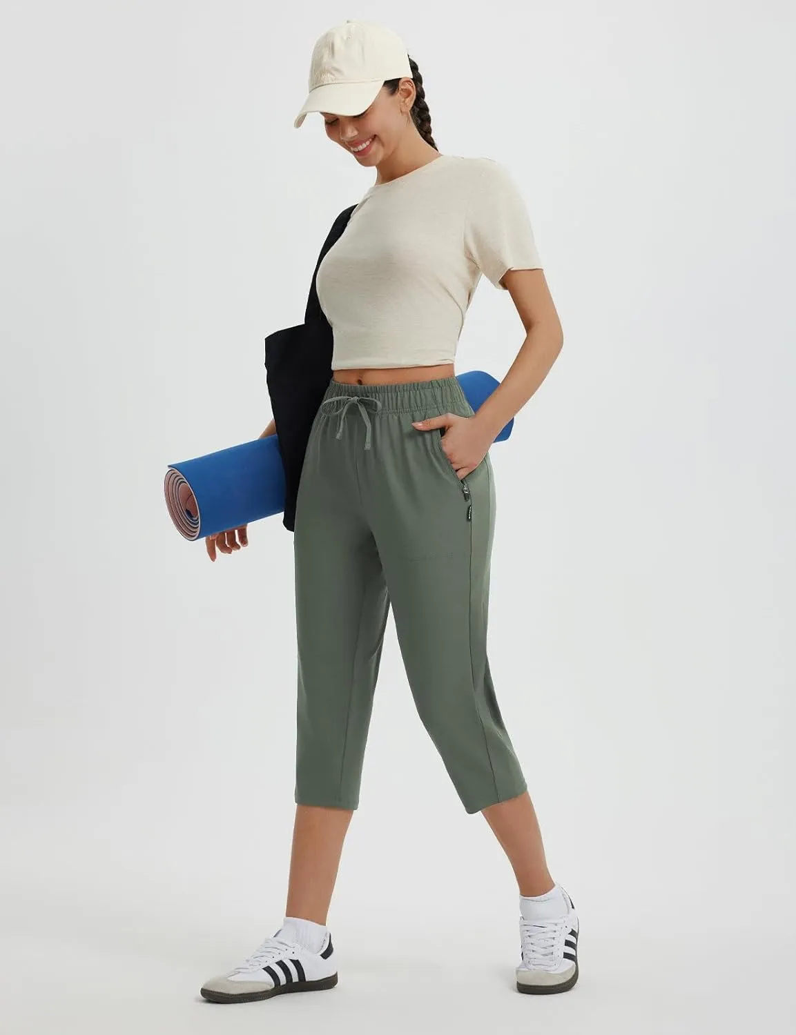 baleaf Womens Yoga Capri Pants with Zipper Pockets Summer Drawstring Capris Joggers Lounge Crop 19"