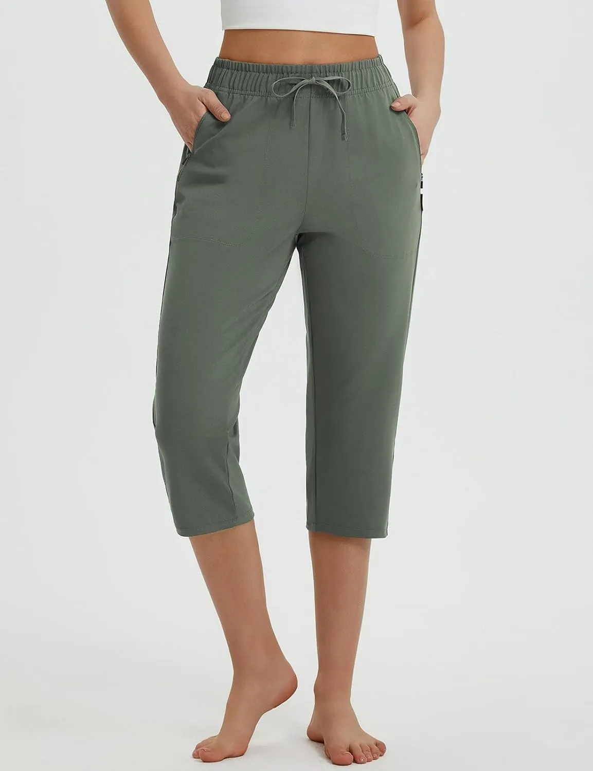 baleaf Womens Yoga Capri Pants with Zipper Pockets Summer Drawstring Capris Joggers Lounge Crop 19"