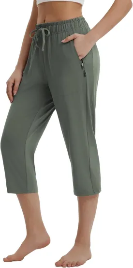 baleaf Womens Yoga Capri Pants with Zipper Pockets Summer Drawstring Capris Joggers Lounge Crop 19"