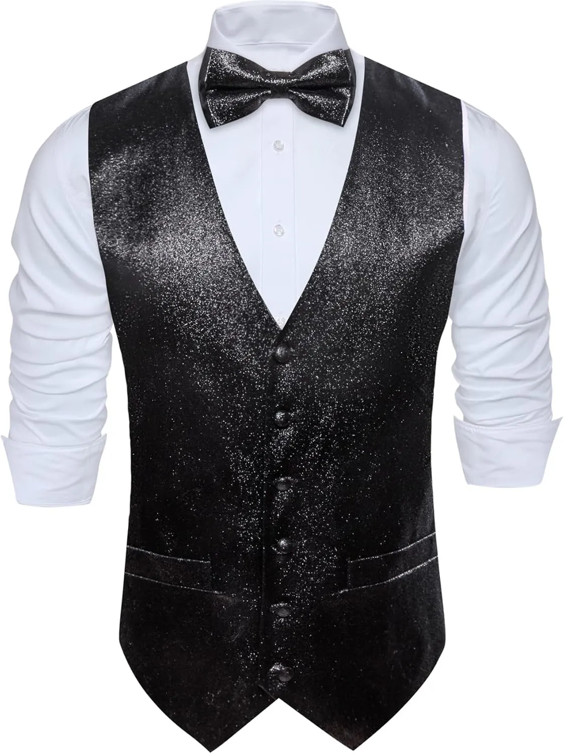 Barry.Wang Mens Shiny Vest V-neck Silm Fit Suit Waistcoat Bowtie Set Party Prom Tuxedo Formal Casual