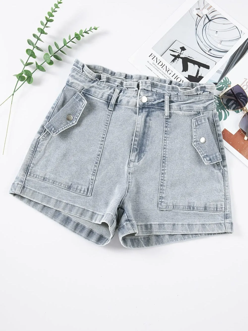 Beau Blue Feminine Ruffled Denim Shorts with Flap Pockets