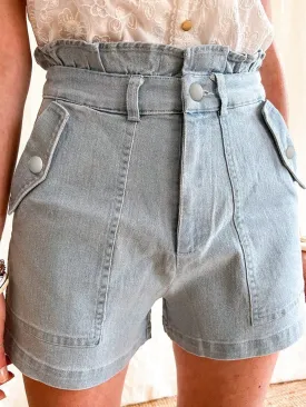 Beau Blue Feminine Ruffled Denim Shorts with Flap Pockets