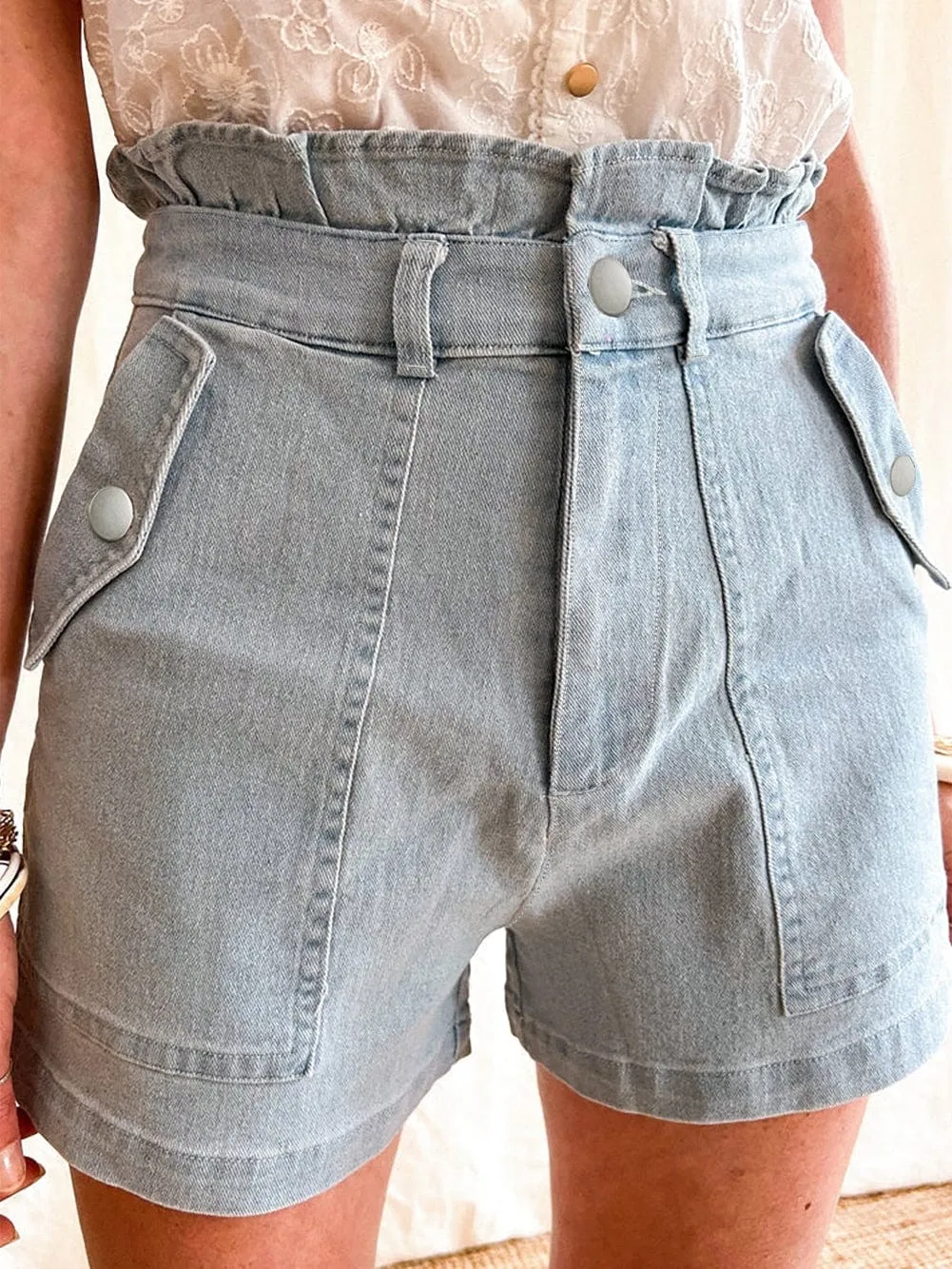 Beau Blue Feminine Ruffled Denim Shorts with Flap Pockets