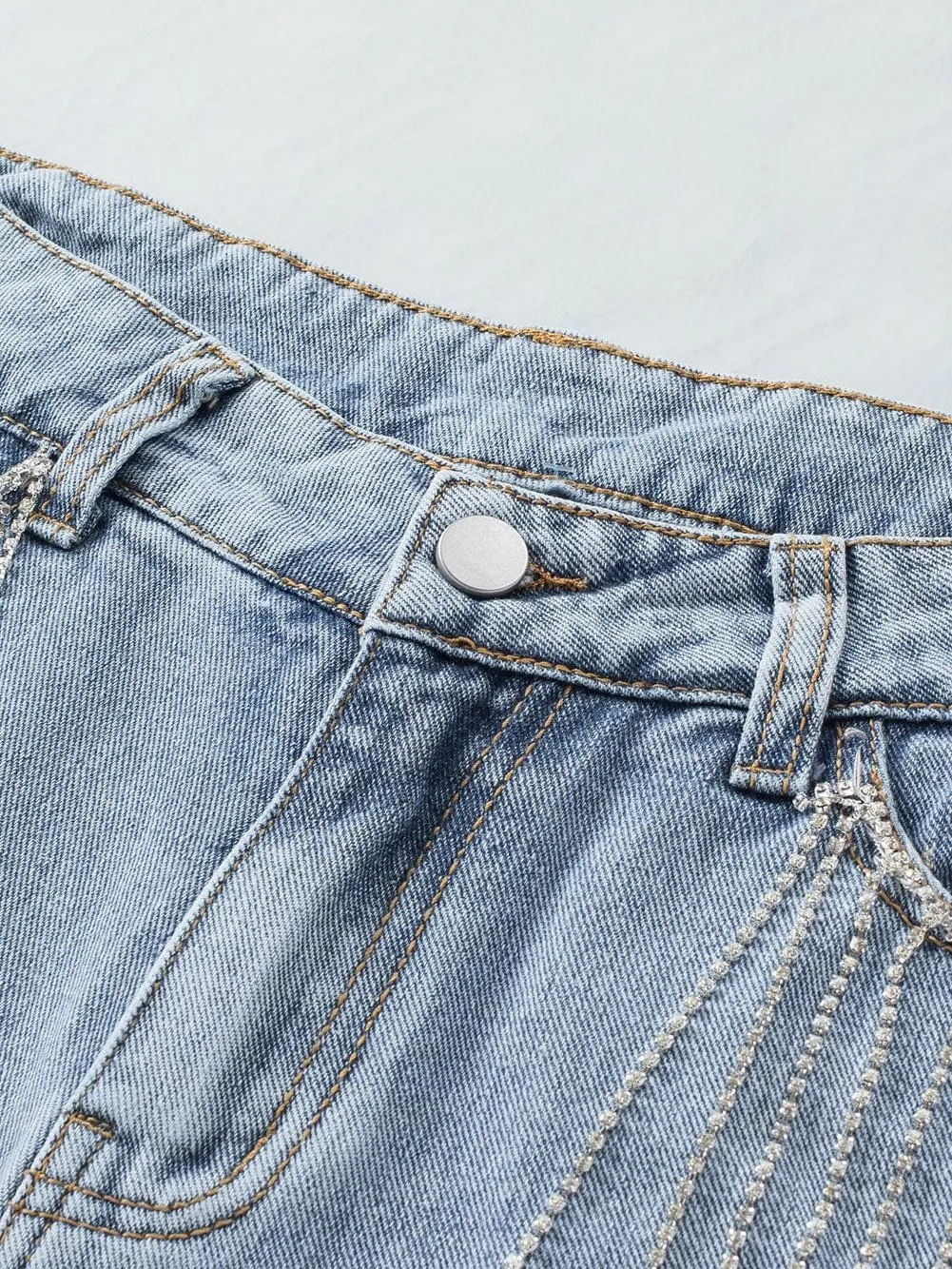 Blue Jean Shorts with Rhinestone Fringe