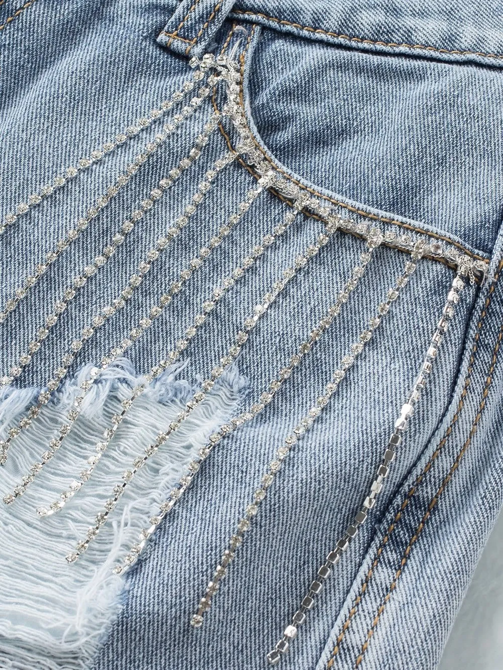 Blue Jean Shorts with Rhinestone Fringe