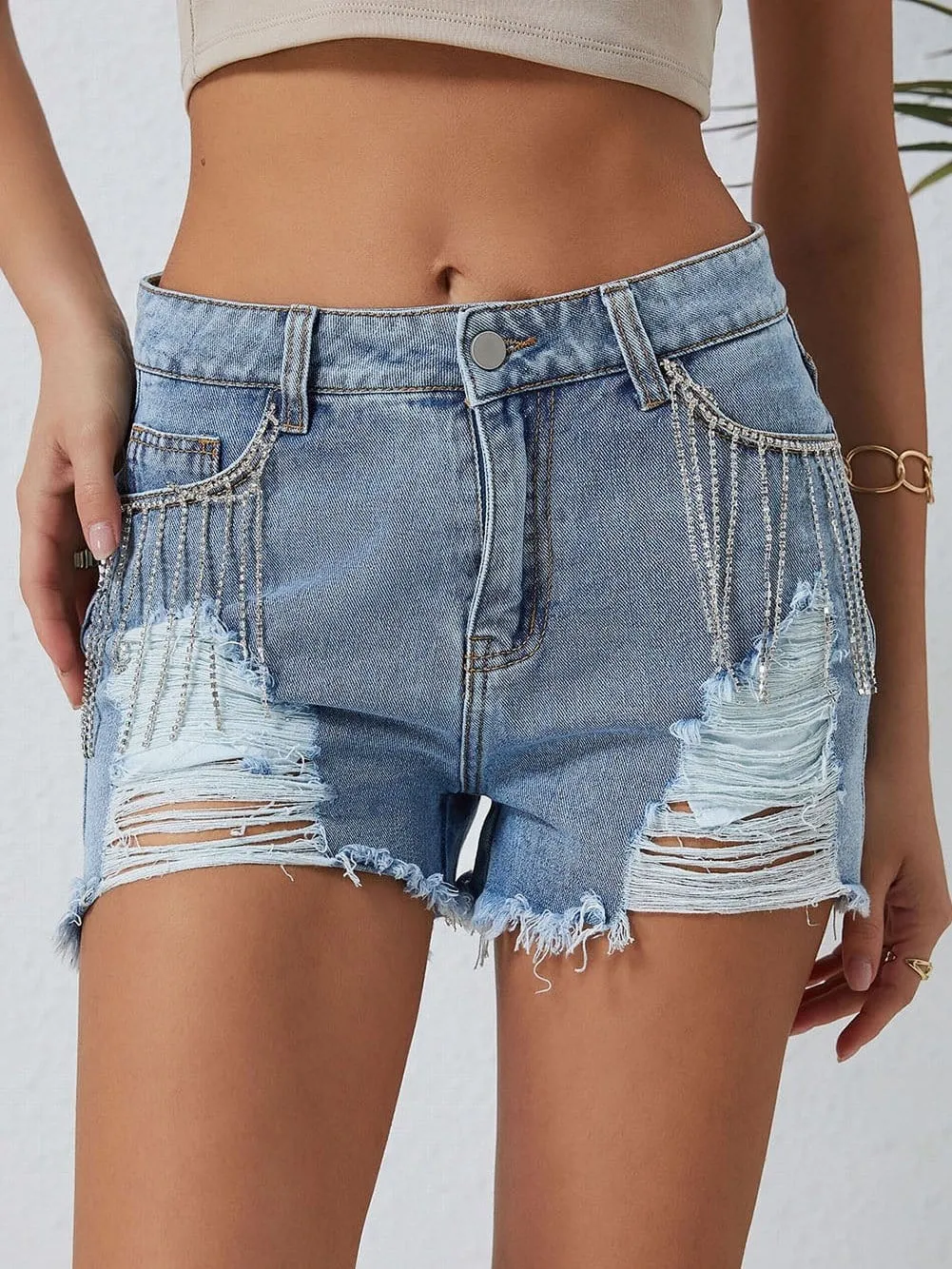 Blue Jean Shorts with Rhinestone Fringe