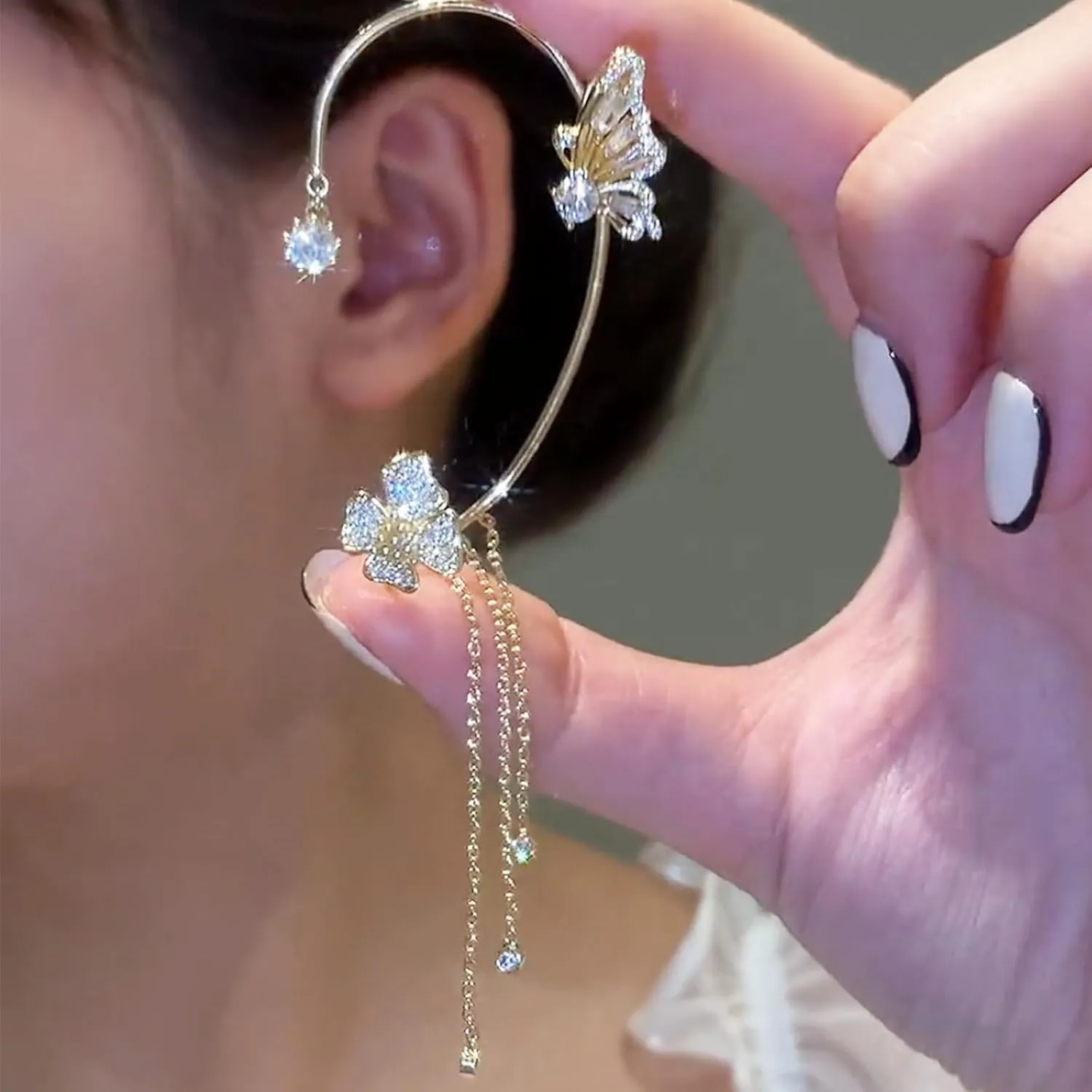 Butterfly Ear Cuffs Earrings Rhinestone Butterfly Flower Ear Wrap No Piercing Tassel Earrings for Women