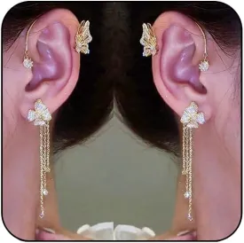 Butterfly Ear Cuffs Earrings Rhinestone Butterfly Flower Ear Wrap No Piercing Tassel Earrings for Women