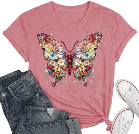 Butterfly T-Shirts for Women Butterflys Flowers Print Shirts Insect Lover Casual Short Sleeved Tops