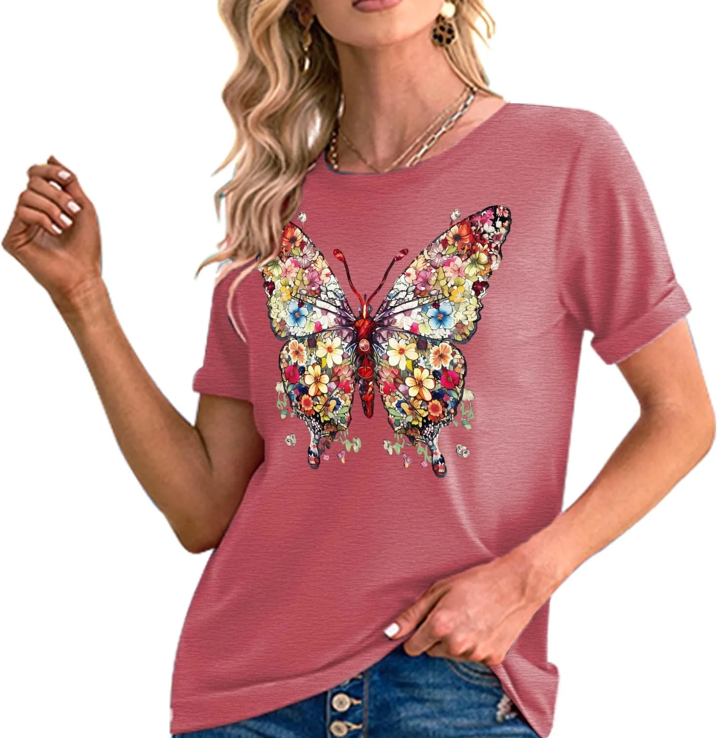 Butterfly T-Shirts for Women Butterflys Flowers Print Shirts Insect Lover Casual Short Sleeved Tops