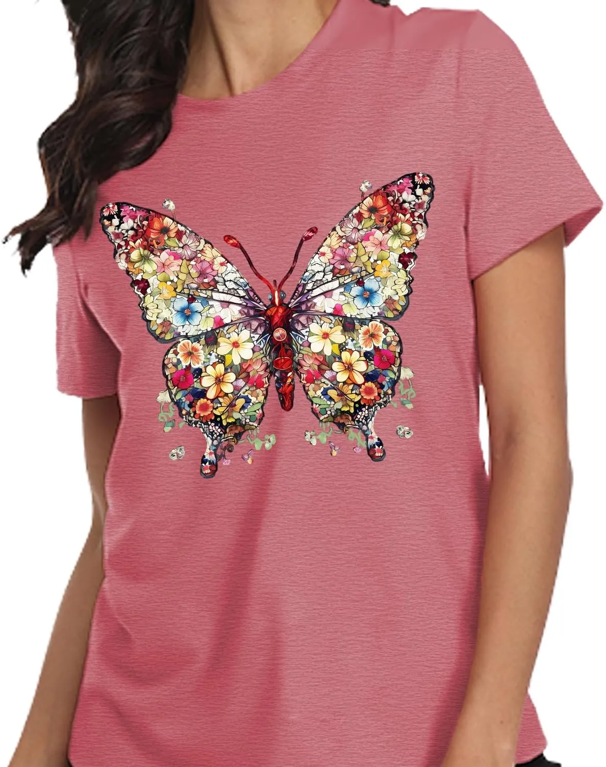 Butterfly T-Shirts for Women Butterflys Flowers Print Shirts Insect Lover Casual Short Sleeved Tops