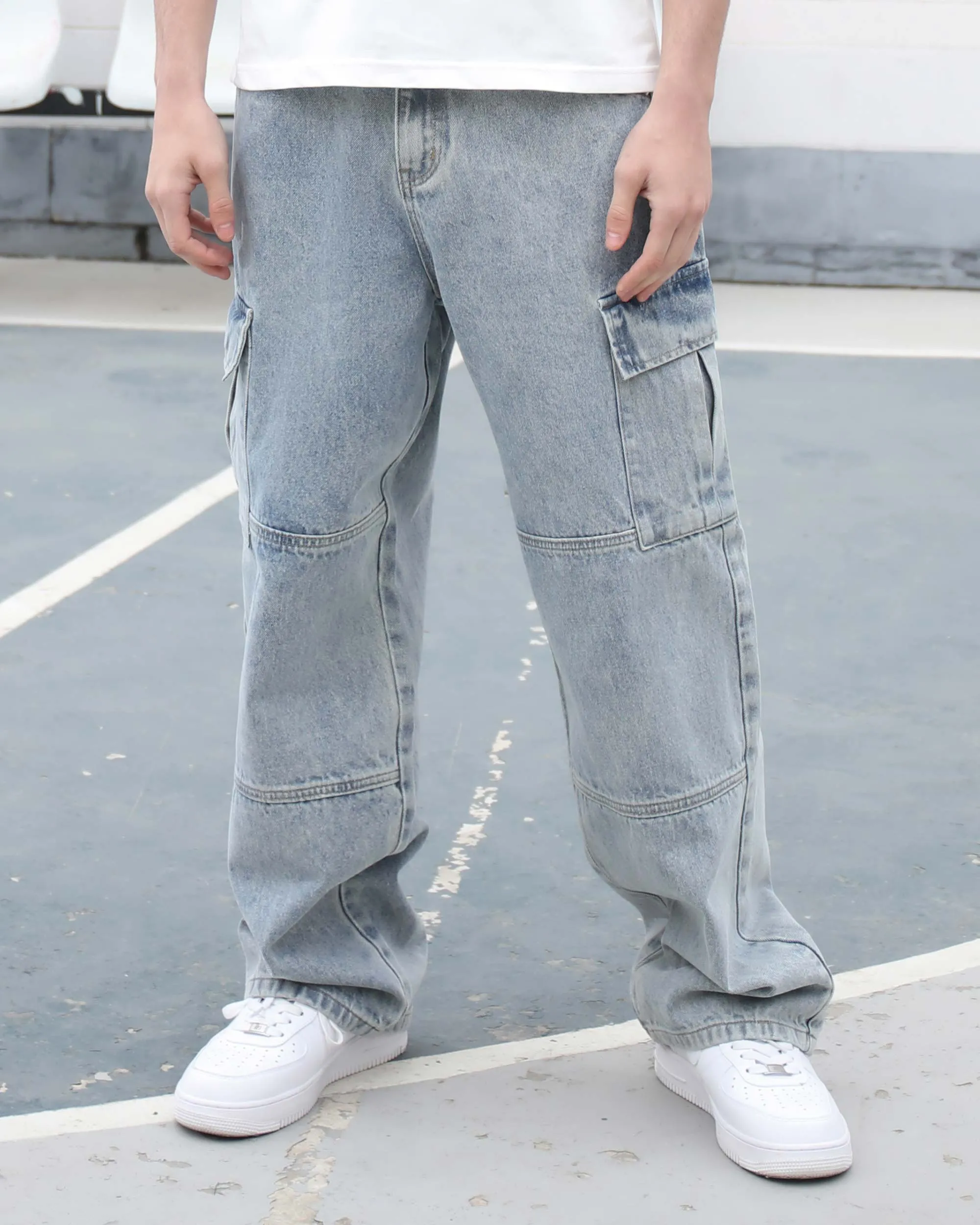Cargo Blue Loose Jeans with Large Pockets