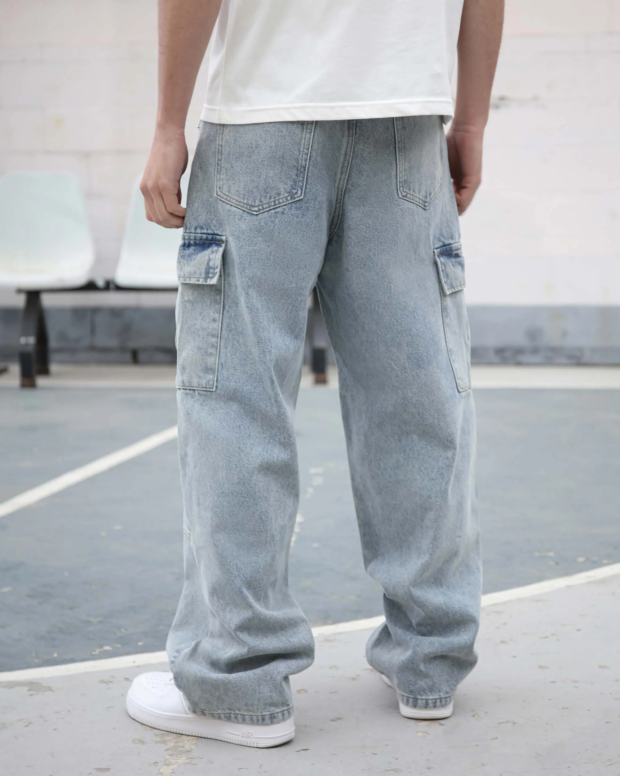 Cargo Blue Loose Jeans with Large Pockets