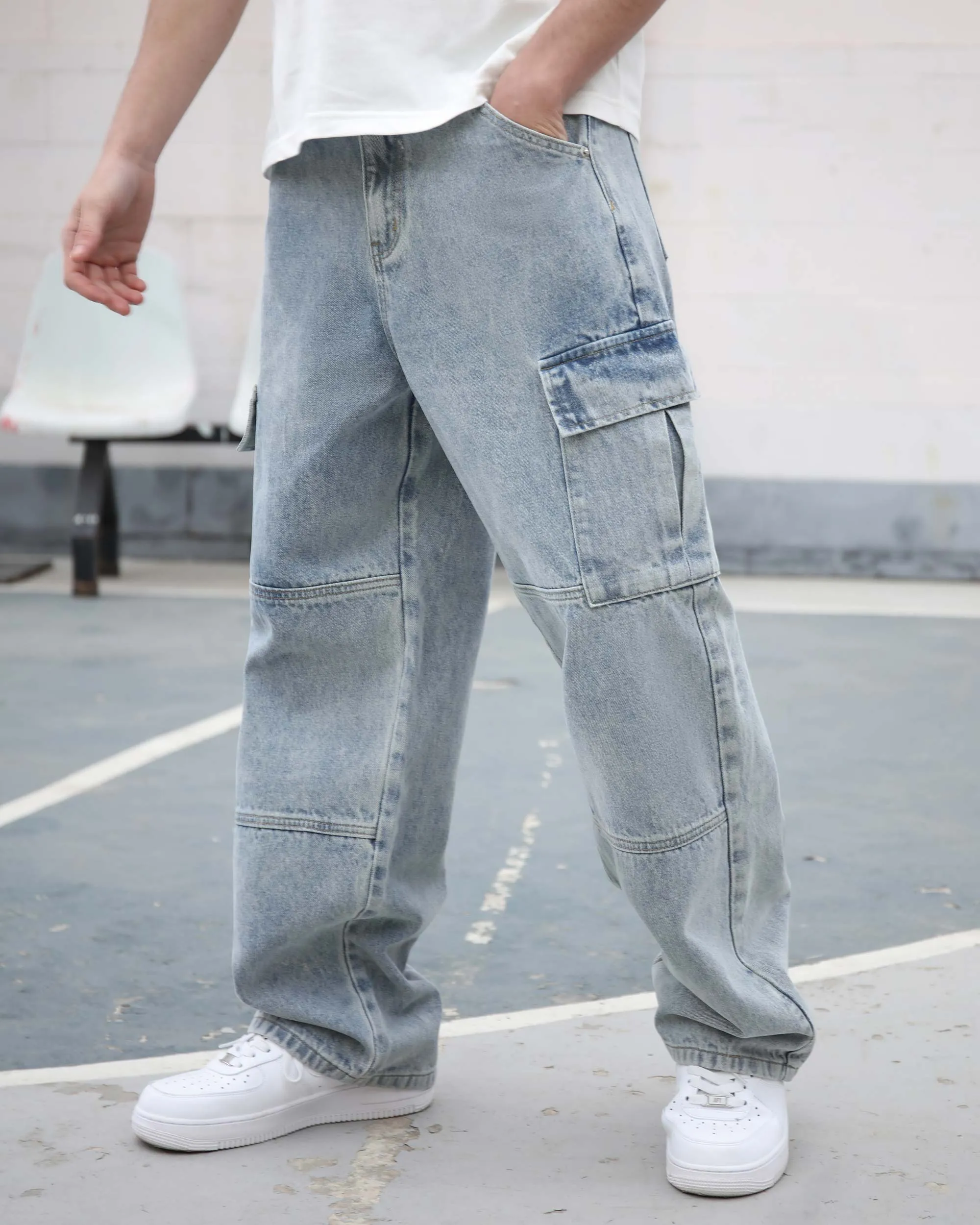 Cargo Blue Loose Jeans with Large Pockets