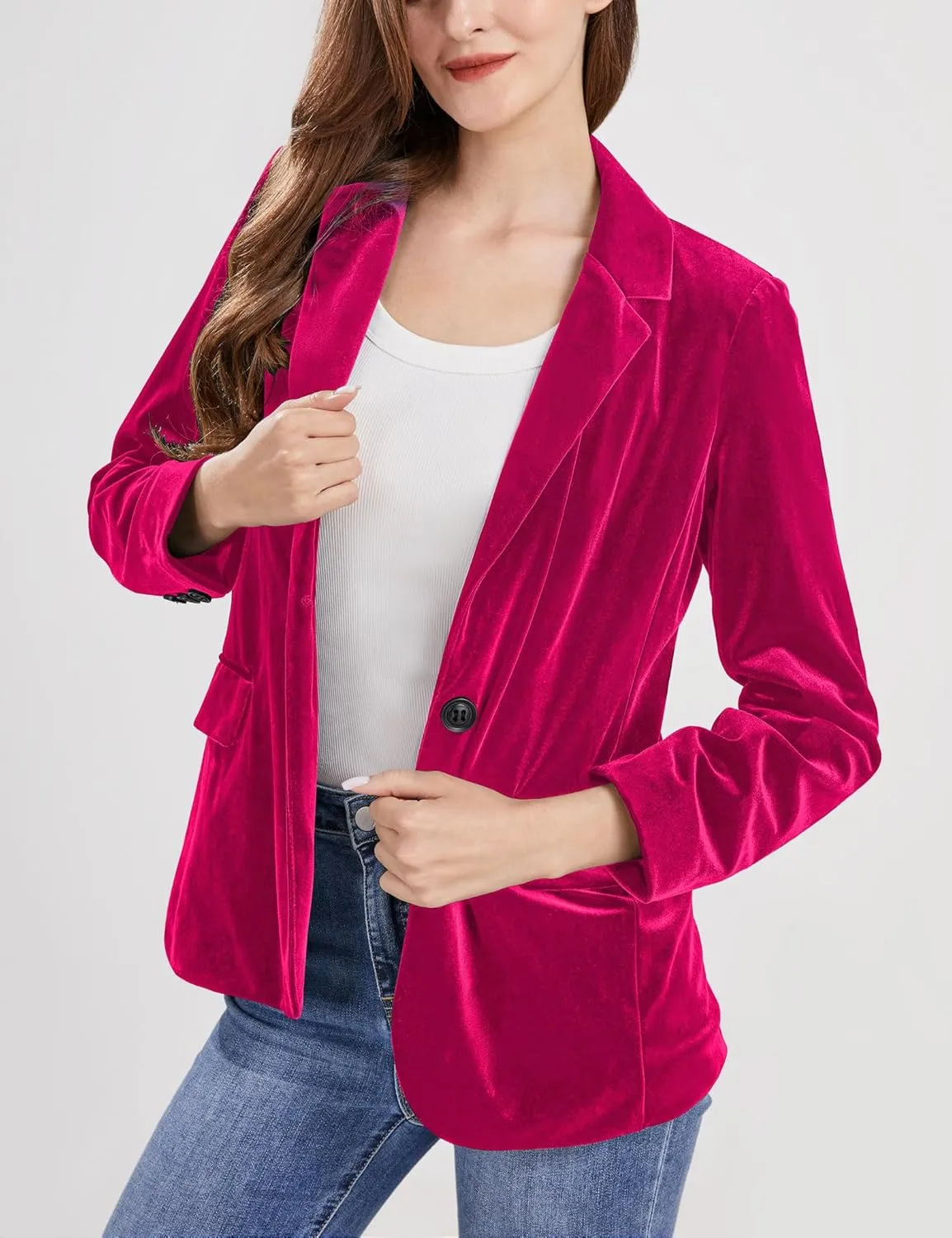 CHARTOU Women 1 Button Fitted Velvet Blazer Jacket Business Suit Jacket Work Office Notched Collar