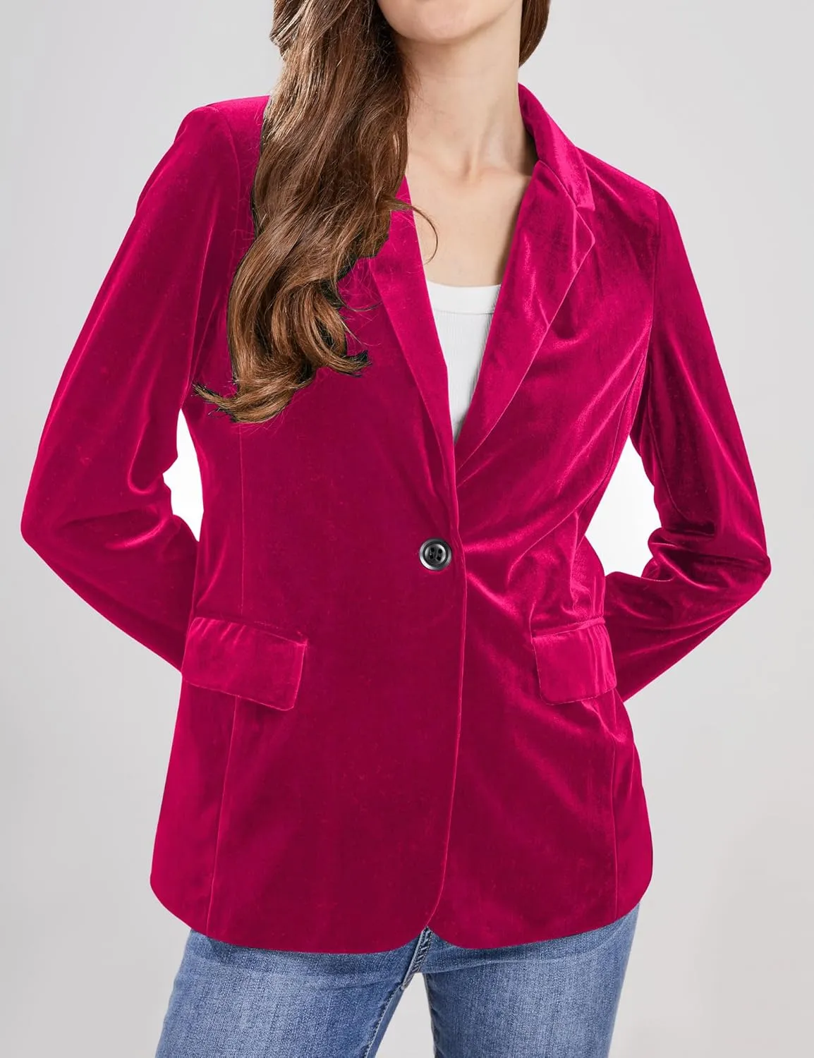 CHARTOU Women 1 Button Fitted Velvet Blazer Jacket Business Suit Jacket Work Office Notched Collar