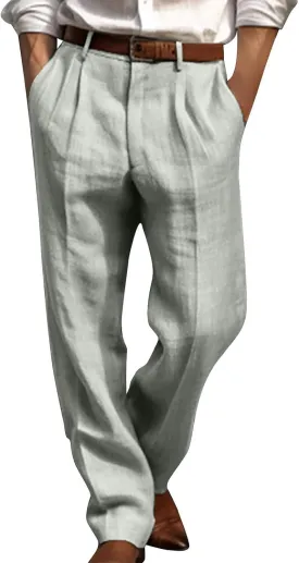 Chino Linen Pants for Men Wide Leg Elastic Waist Pants Breathable Big and Tall Plain Beach Trousers