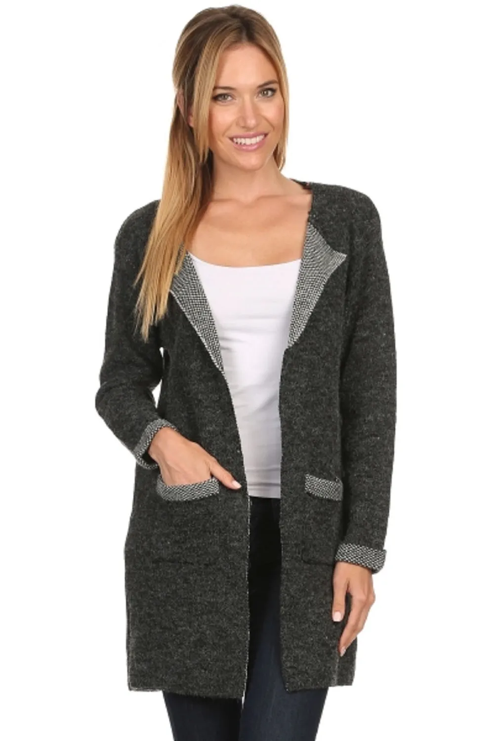CRD-02346 Flattering Women's Open Front Patch Pocket Knit Cardigan Sweater