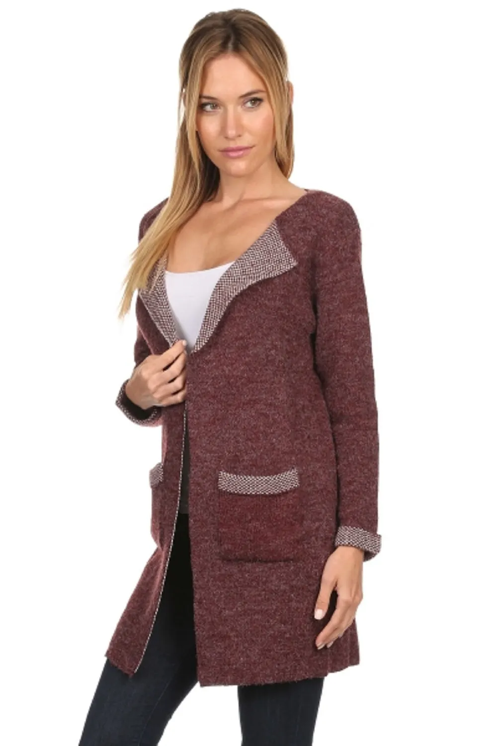 CRD-02346 Flattering Women's Open Front Patch Pocket Knit Cardigan Sweater