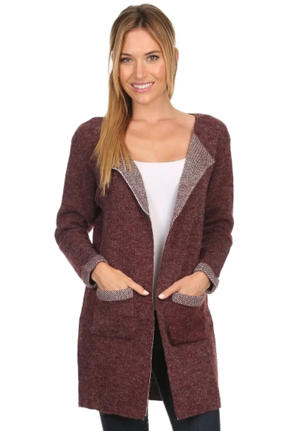 CRD-02346 Flattering Women's Open Front Patch Pocket Knit Cardigan Sweater