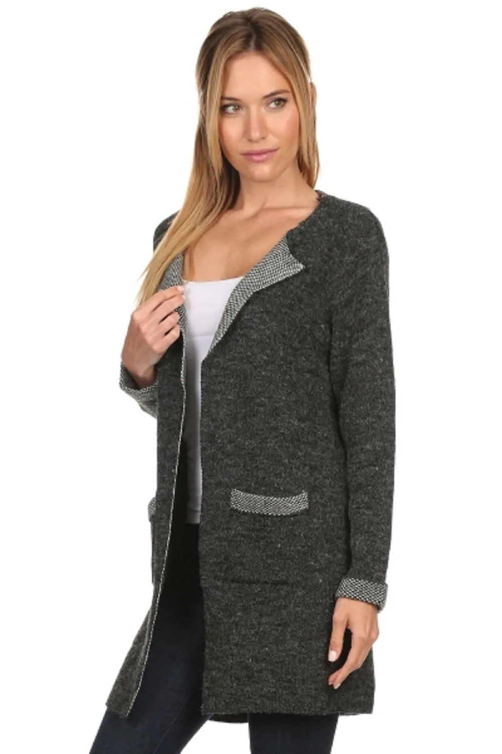 CRD-02346 Flattering Women's Open Front Patch Pocket Knit Cardigan Sweater