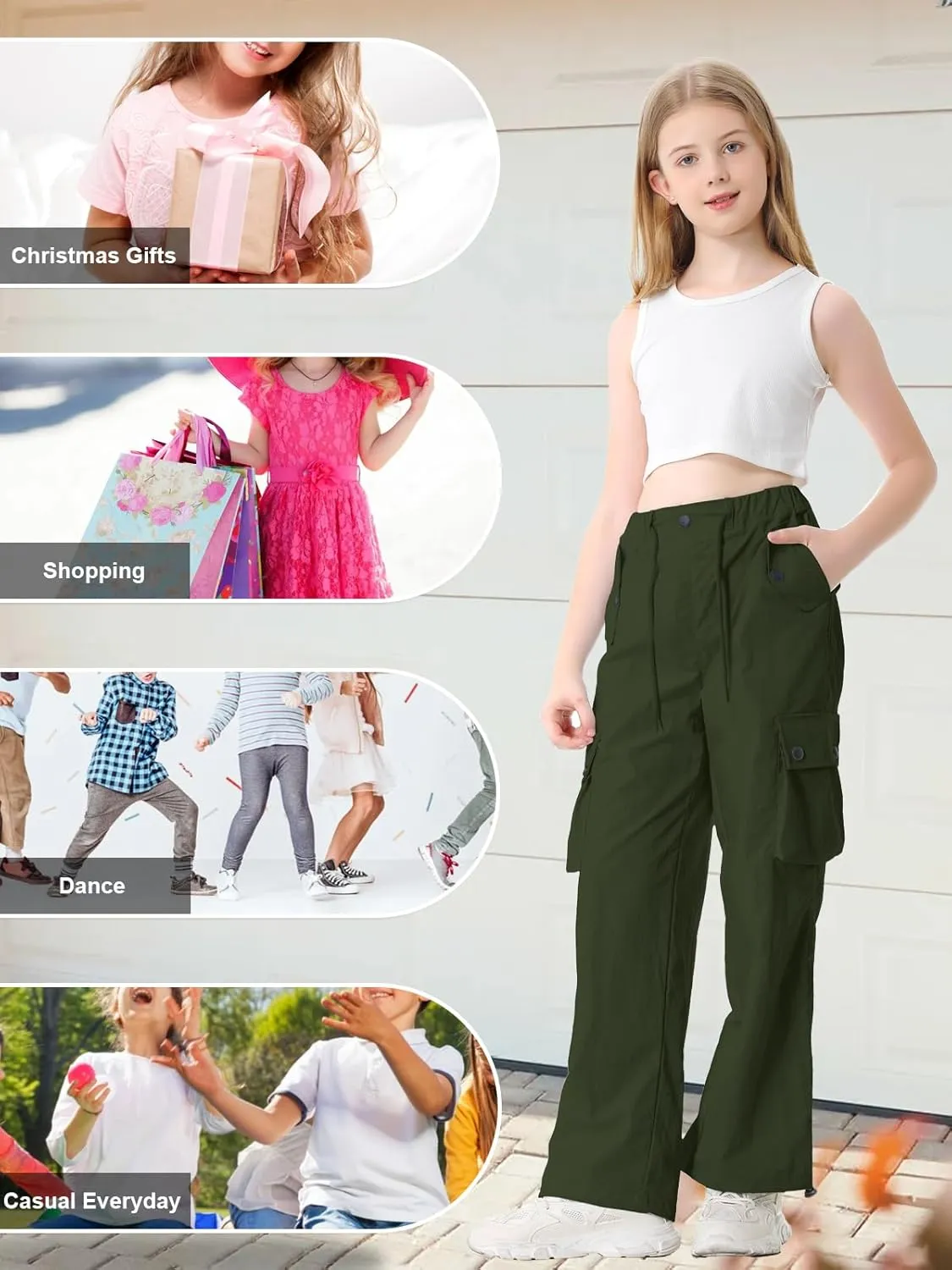 Cromoncent Girls & Womens High Waist Parachute Pants Y2K Waterproof Cargo Trousers with Pockets 6 Years-Women 3XL