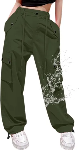 Cromoncent Girls & Womens High Waist Parachute Pants Y2K Waterproof Cargo Trousers with Pockets 6 Years-Women 3XL