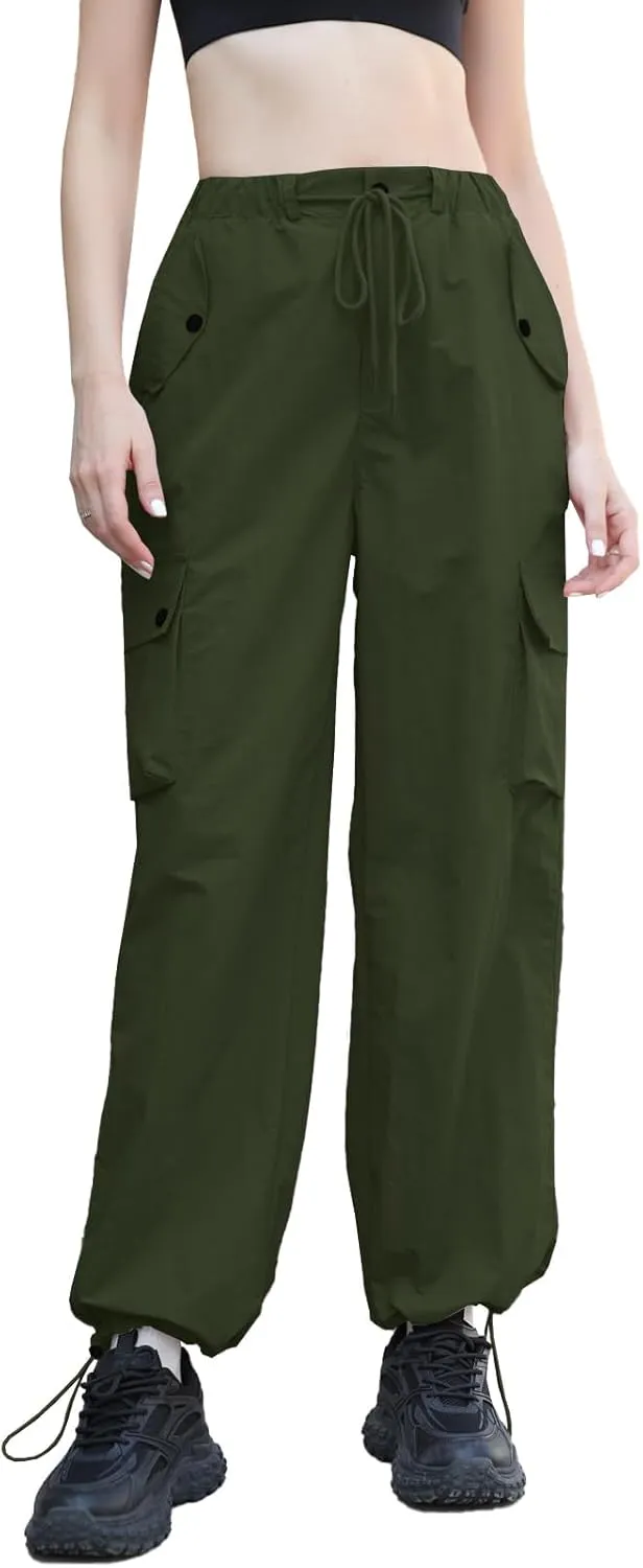Cromoncent Girls & Womens High Waist Parachute Pants Y2K Waterproof Cargo Trousers with Pockets 6 Years-Women 3XL