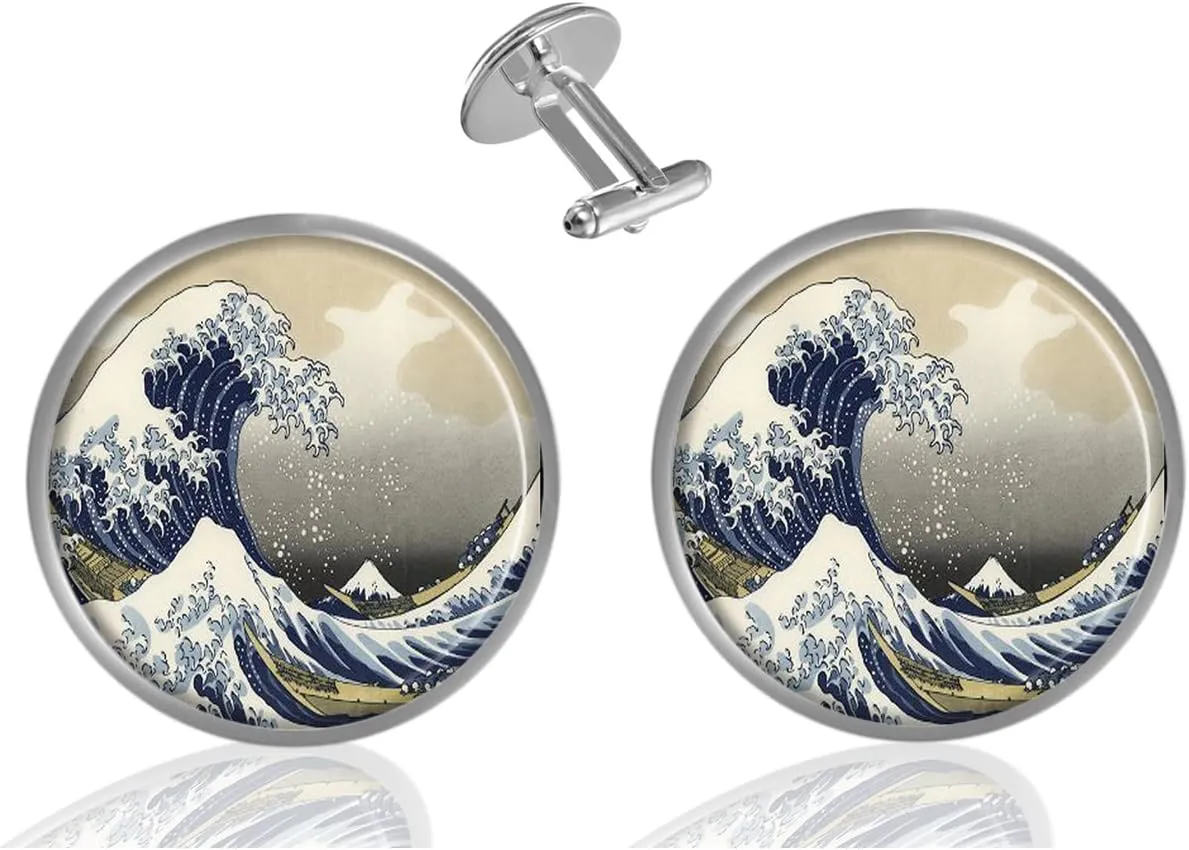 Custom Classic Jewelry Tuxedo Shirt Sliver Cufflinks Men's Unique Business Wedding Gifts (Hokusai The Great Wave)