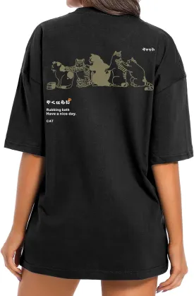 Cute Cat Graphic Tees for Women Harajuku Shirt Letter Printed Oversized T Shirts Aesthetic Casual Baggy Tshirts