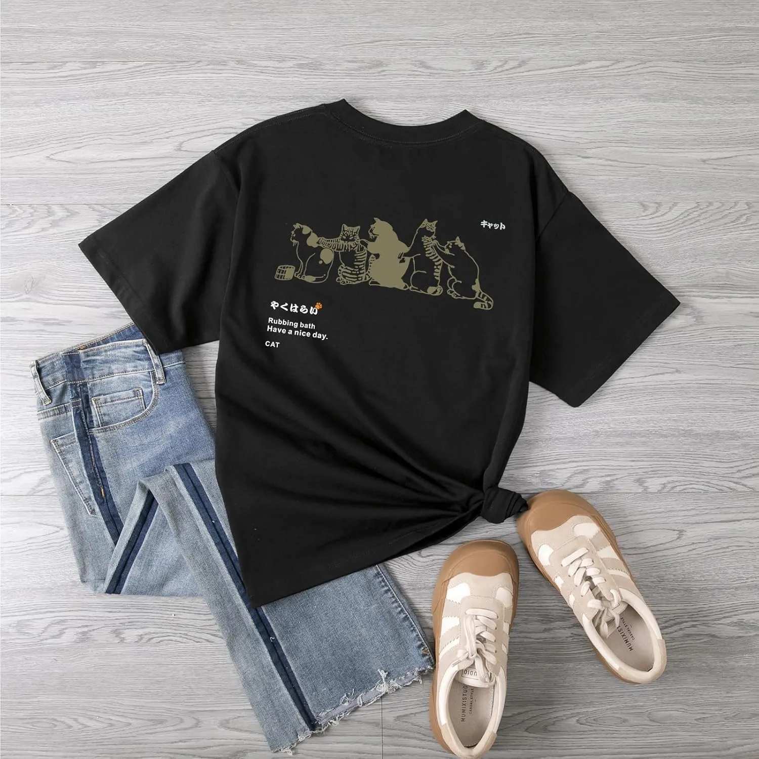 Cute Cat Graphic Tees for Women Harajuku Shirt Letter Printed Oversized T Shirts Aesthetic Casual Baggy Tshirts