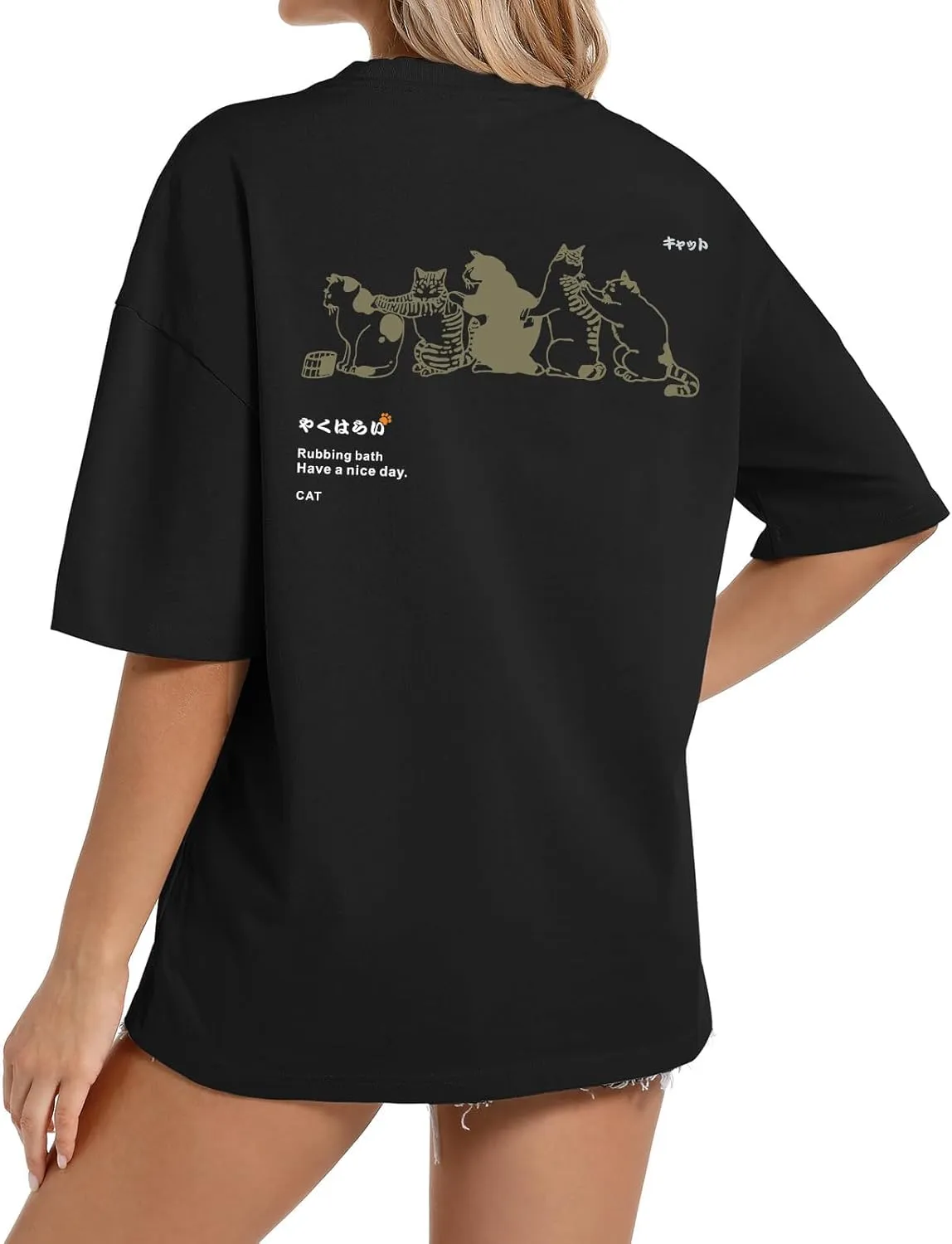 Cute Cat Graphic Tees for Women Harajuku Shirt Letter Printed Oversized T Shirts Aesthetic Casual Baggy Tshirts